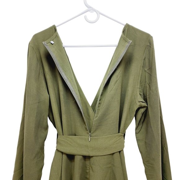 Green Long-Sleeve V-Neck Wrap Dress With Ruffle Hem & Tie Waist - Size L - Picture 11 of 12